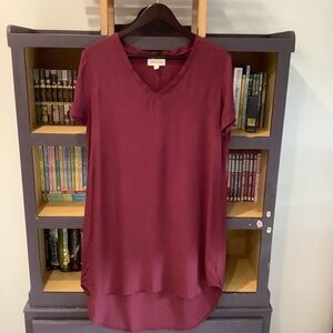 Anthropologie CLOTH & STONE Burgundy V-Neck Short Sleeve Dress Hi-Low Hem Size L
